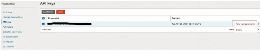API Keys page showing generated fingerprint and the option to view configuration file.