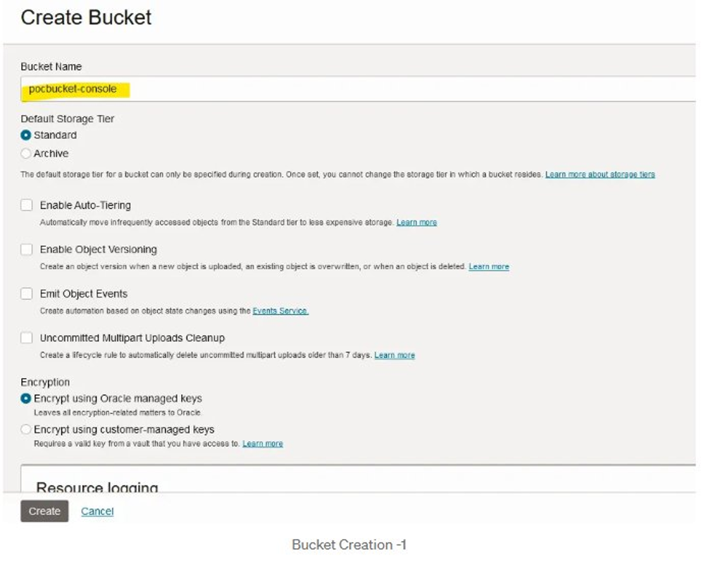 Create Bucket page with bucket name and Standard storage tier selected.