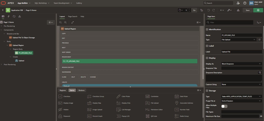 APEX File Upload item configured as P1_UPLOAD_FILE with Block Dropzone display.