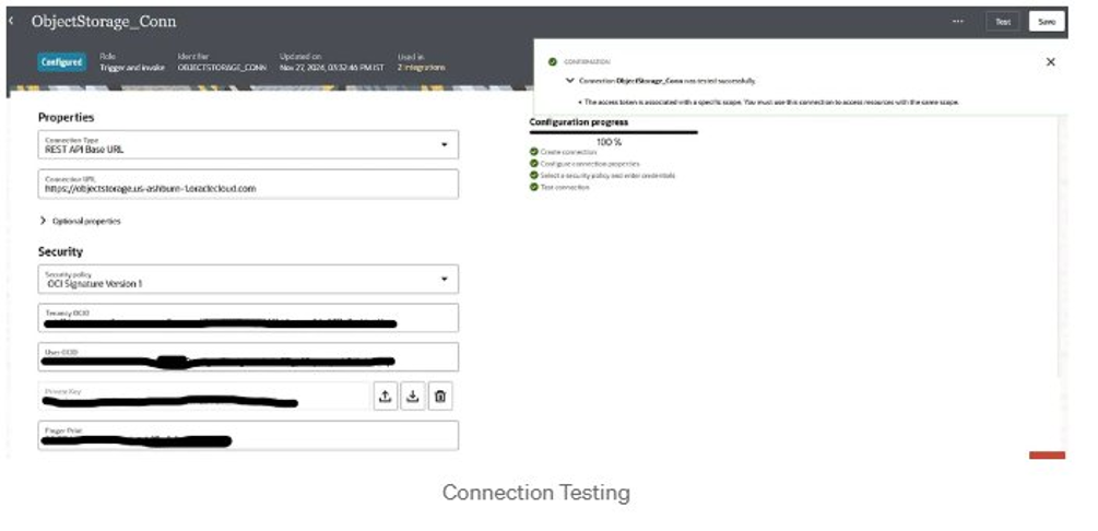 OIC REST connection configured with OCI Signature Version 1 and successfully tested.