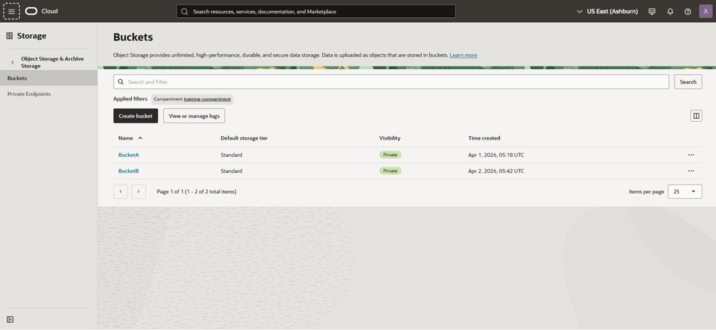 OCI Object Storage Buckets page showing existing buckets in the selected compartment.