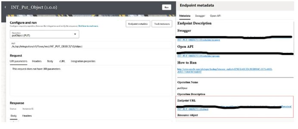 OIC Run page and Endpoint Metadata showing the REST endpoint URL.