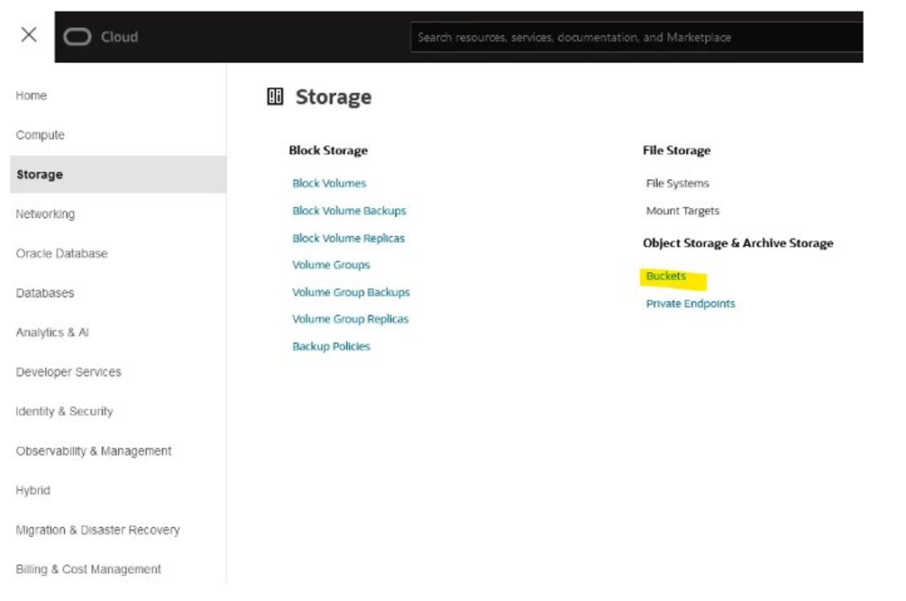 OCI navigation menu: Storage > Object Storage & Archive Storage > Buckets.