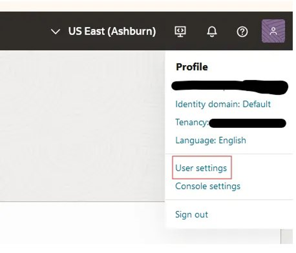 OCI profile menu showing the User Settings option.