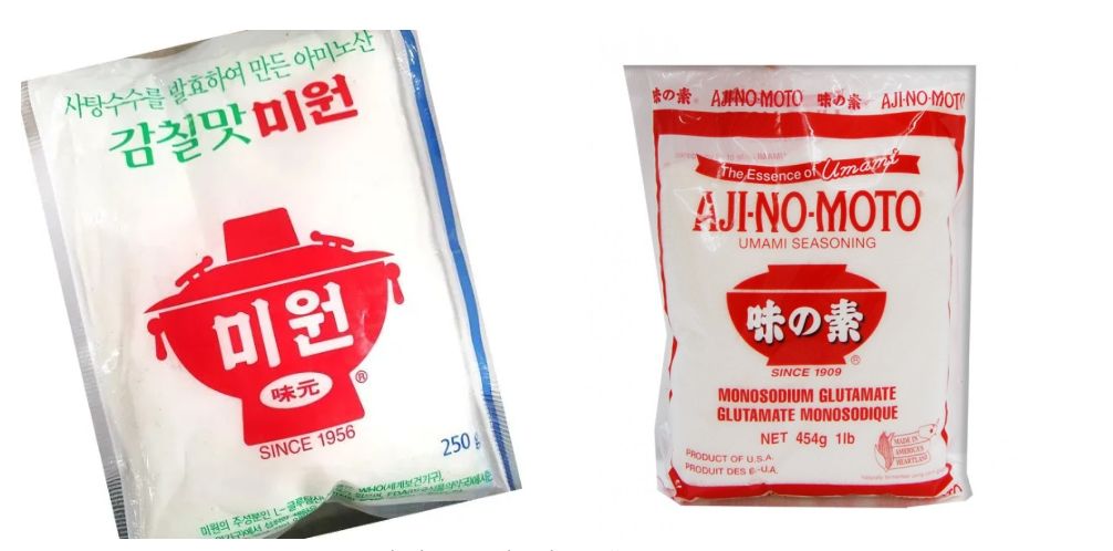 Left: Miwon, the savory seasoning. Right: Ajinomoto, the umami seasoning.