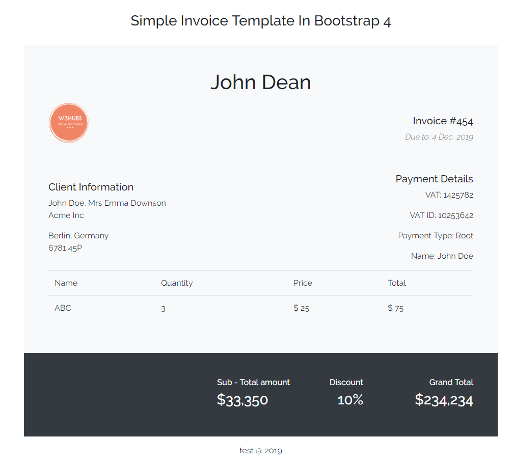 Simple Invoice Template In Bootstrap 4 - w3hubs - Medium