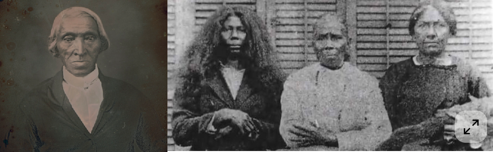 LEFT: [Head-and-shoulders portrait of an unidentified man, possibly American Indian, possibly Choctaw]. Caption and photo from Library of Congress. Public domain. RIGHT: Ida Daniel Lawson, daughter; Malinda Tom Lawson (1853–1934), mother, was born in Clinton, Louisiana to two full-blood Choctaw parents; Emma Britt, daughter.