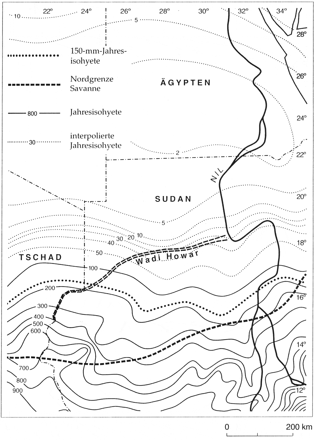 Abb. 11: “Die Niederschlagsmengen in der Ostsahara” (JESSE 2003:45). Quelle: JESSE 2003:45, nach KRÖPELIN 1993:29, abgeändert durch HABERLAH