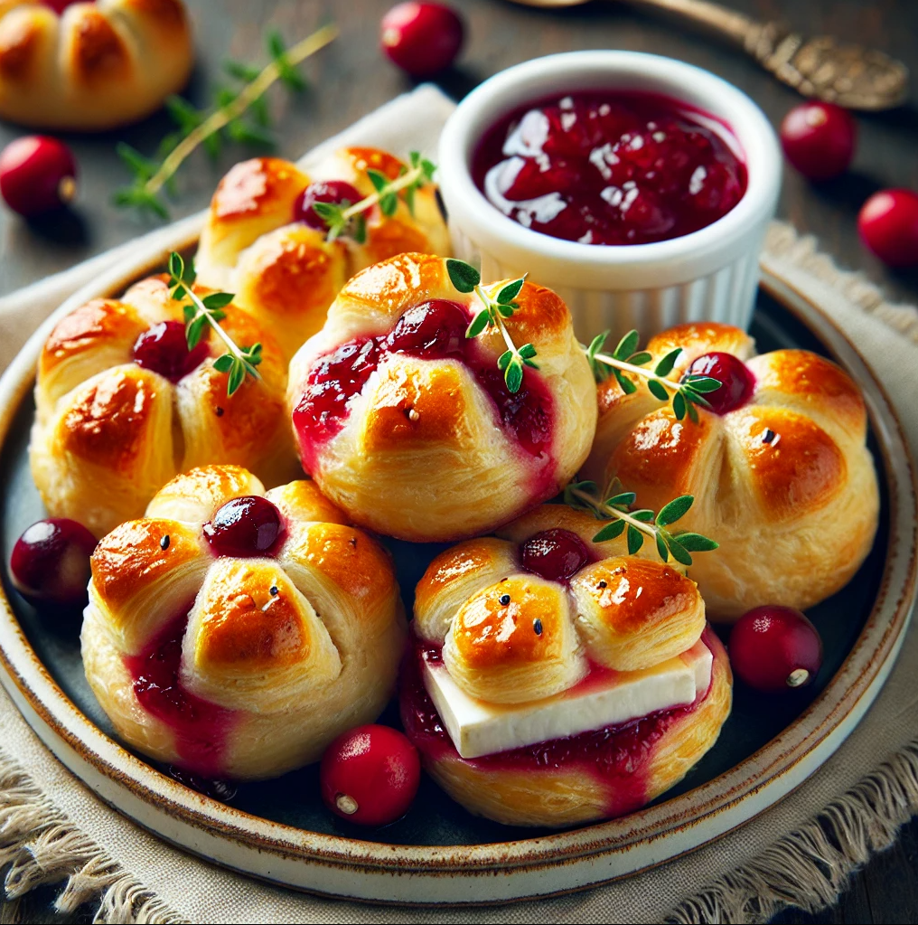 Cranberry Brie Puff Pastry Bites: A buttery delight with creamy brie and tangy cranberry sauce.
