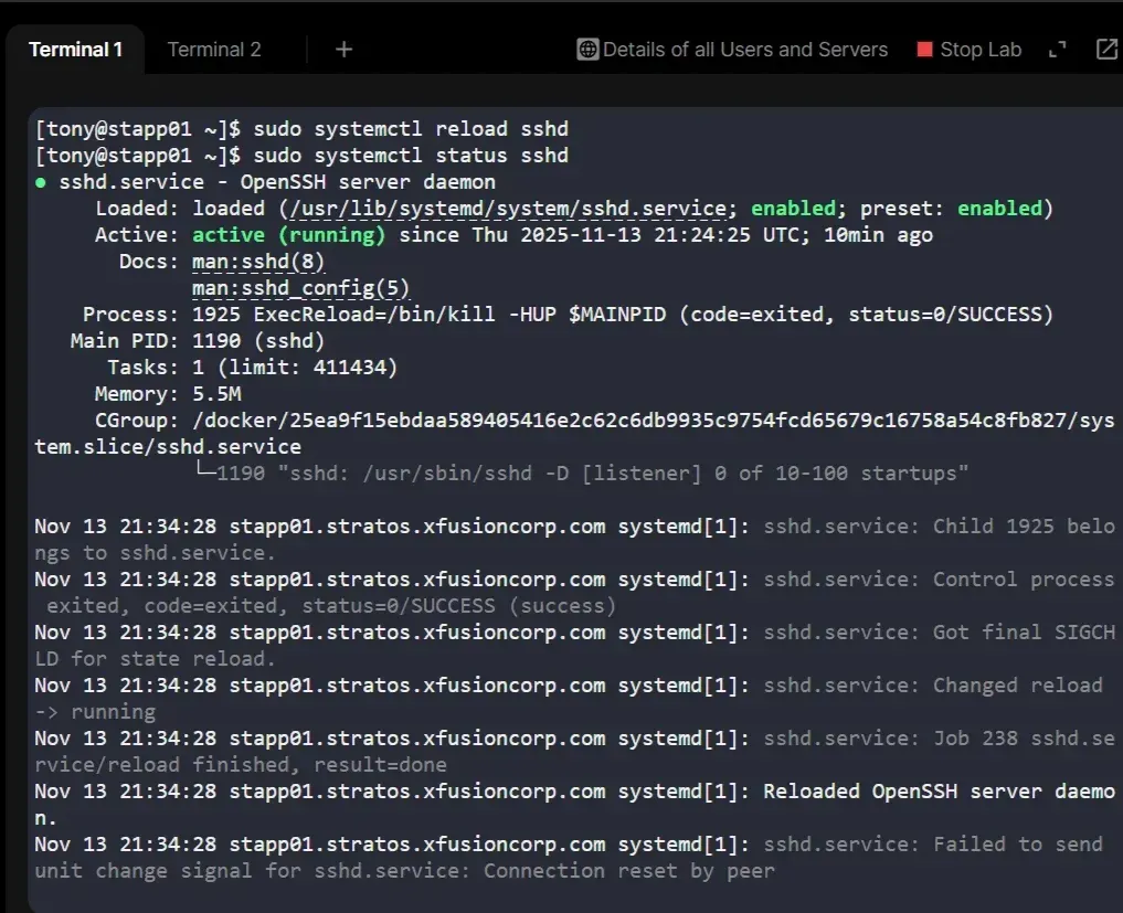 Checking status of SSH daemone after applying configuration.