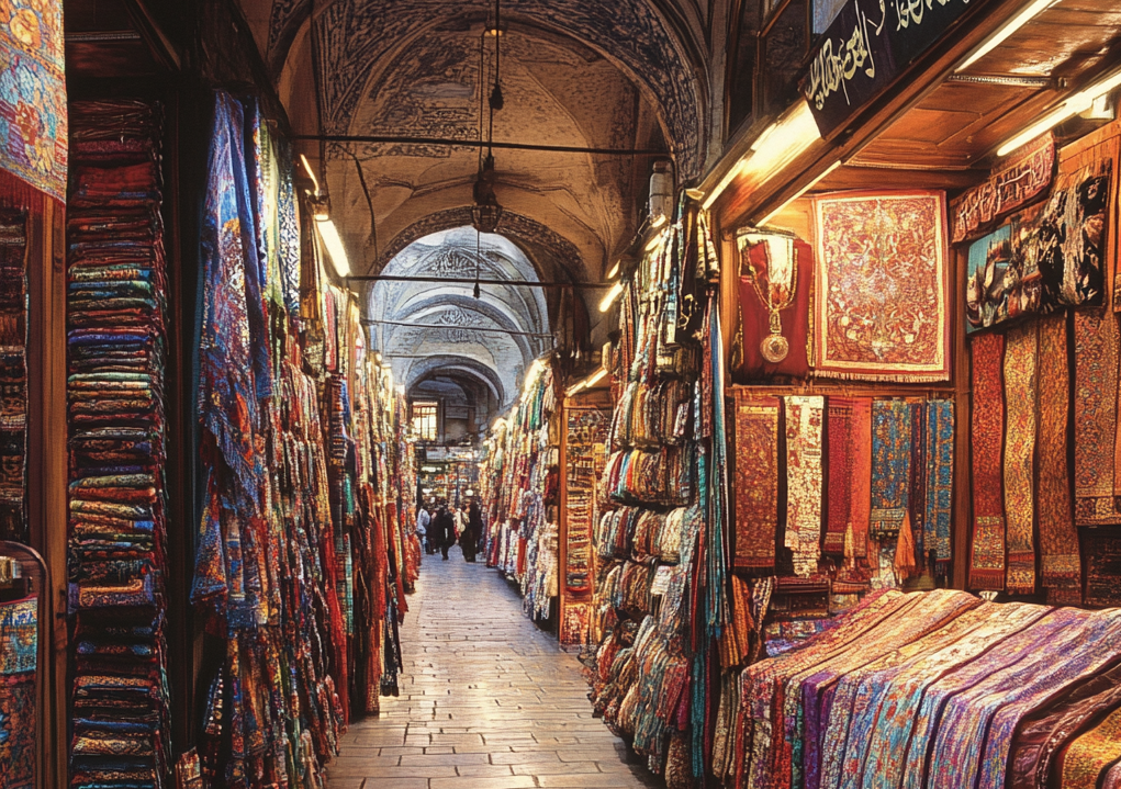 A bustling tea vendor at Istanbul’s Grand Bazaar serving apple tea to smiling tourists