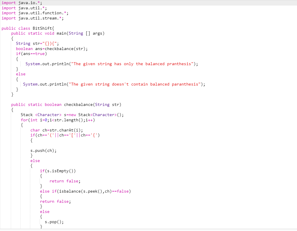Checking for the balanced parenthesis in java using stack by Harini