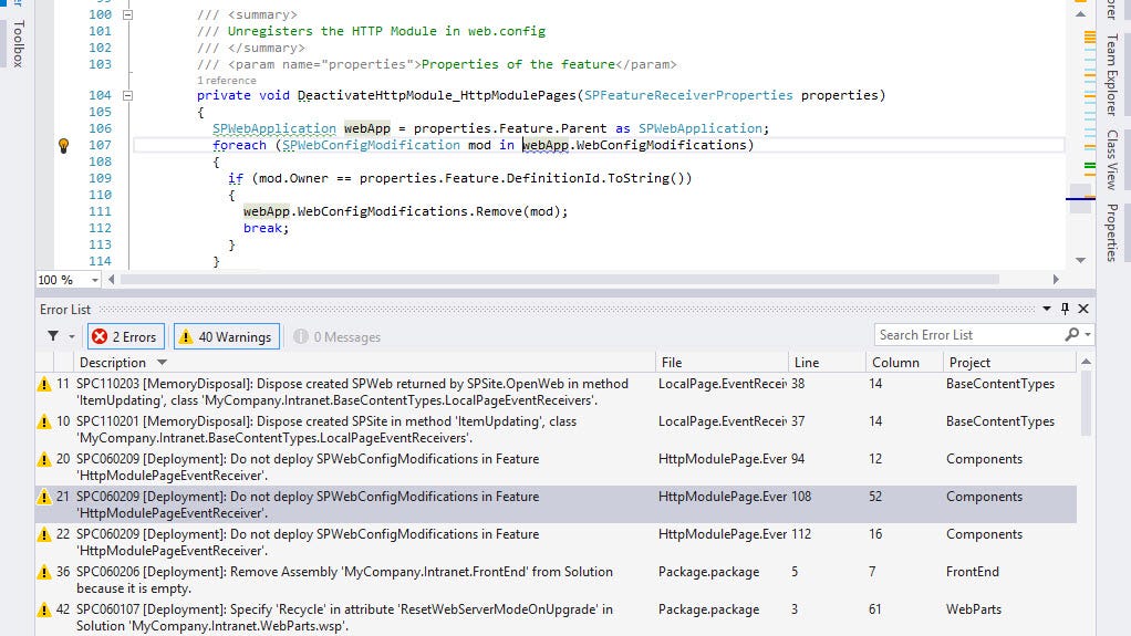 SPCAF results in Visual Studio