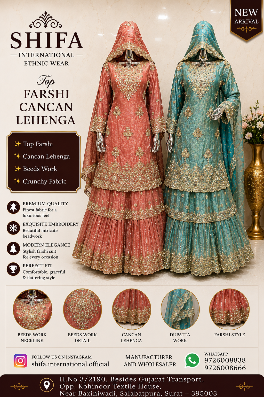 Premium Farshi Cancan Lehenga with Beads Work & Crunchy Fabric | Shifa International Surat