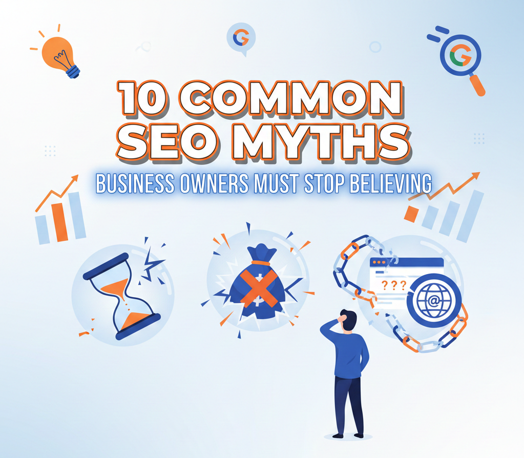 Vibrant illustration debunking 10 common SEO myths business owners must stop believing, featuring exploding icons like time, cost, and chains.