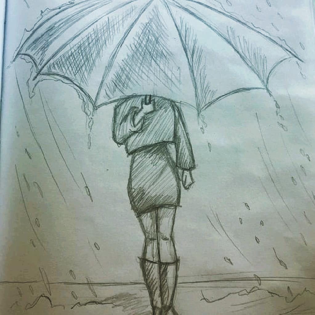 A Pencil Drawing of Girl on a Rainy Day  Etsy