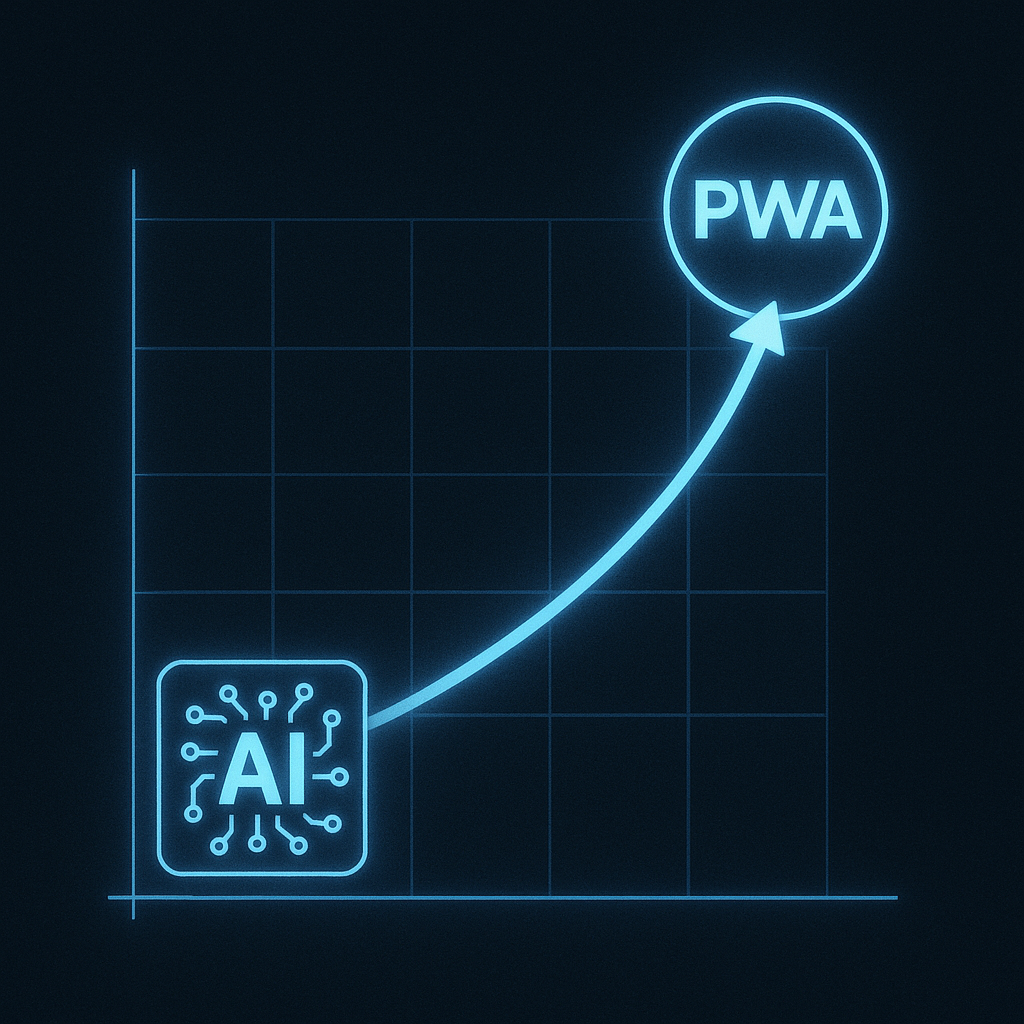 Wachstumskurve, in das KI-Symbole (Gehirn / Chip) und PWA-Icons integriert sind.