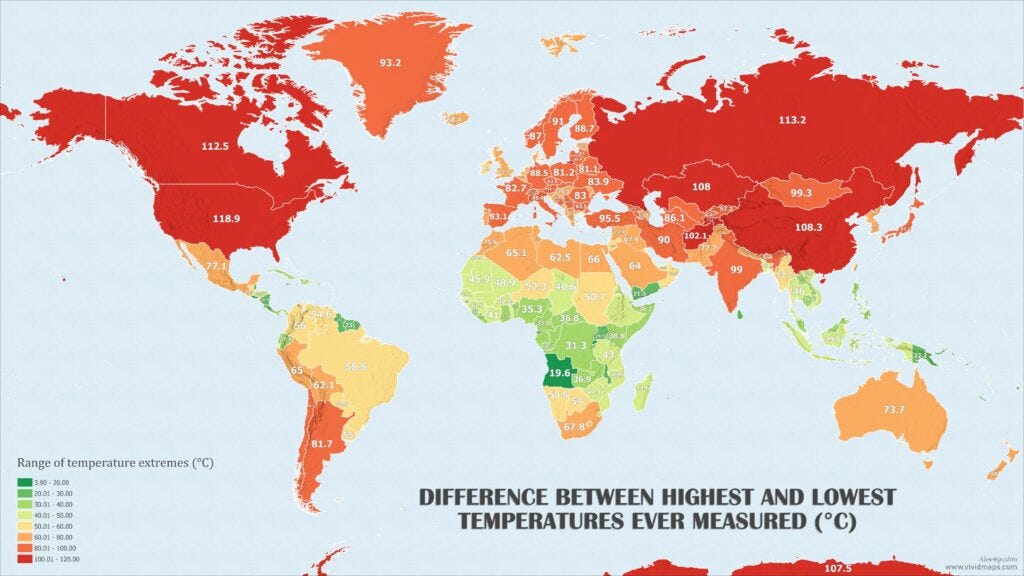 Difference Between Highest and Lowest Temperatures Ever Measured
