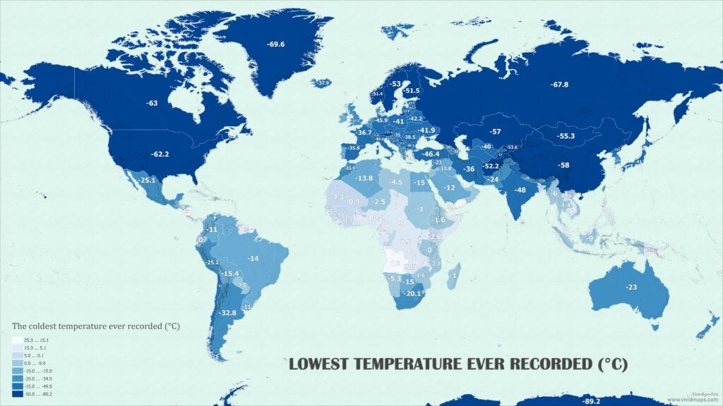The lowest temperature ever recorded, by country Vivid Maps Medium