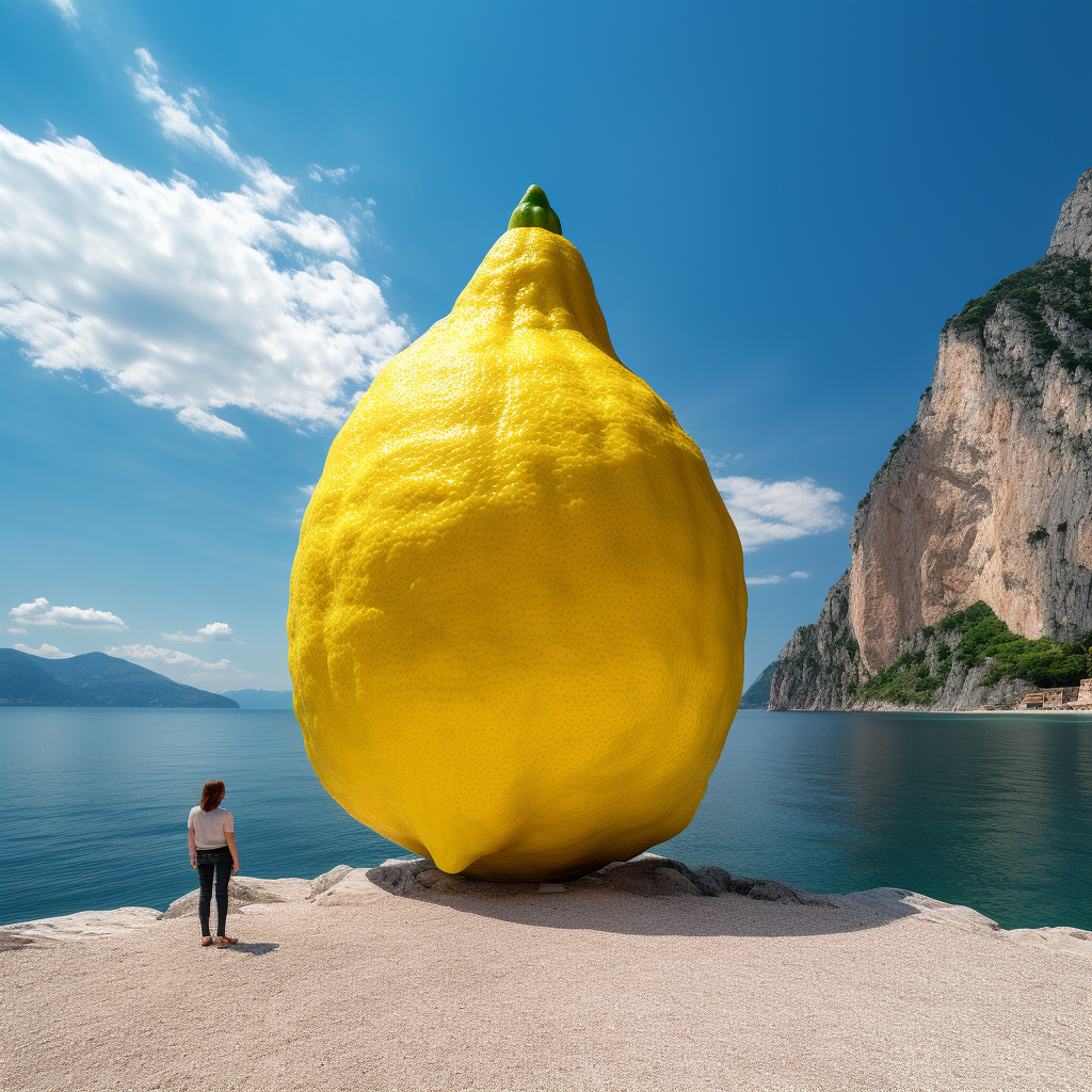 Sculpture géante d’un citron auprès du lac de Garde, créé par IA