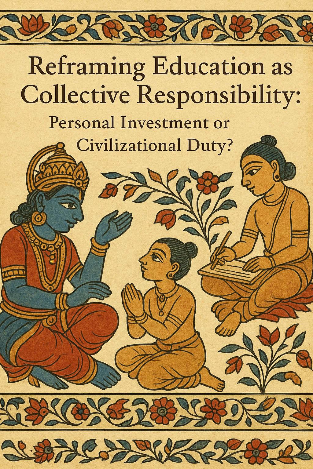 Image/Visual Description [Alt Text]: Image is a cover illustration in the traditional Telugu Kalamkari art style, created for a research blog titled “Reframing Education as Collective Responsibility: Personal Investment or Civilizational Duty?”. The artwork features a central scene of a guru, depicted in blue skin with an ornate crown and traditional garments, instructing a young student seated before him with folded hands in reverence. Beside them, another student, seated cross-legged, attentively writes on a palm-leaf manuscript. Stylised flowering plants and vines with red and blue blossoms weave between the figures, symbolising the growth and flourishing of knowledge. The top and bottom of the artwork are framed with decorative floral borders, also in Kalamkari style, using muted earthy tones of ochre, red, blue, and beige. The composition visually evokes the Bhāratīya Guru–Śiṣya Paramparā, tying the visual theme to the blog’s exploration of education as a collective and civilizational responsibility rather than a purely individual pursuit. Artwork generated using ChatGPT and for representational purposes only.