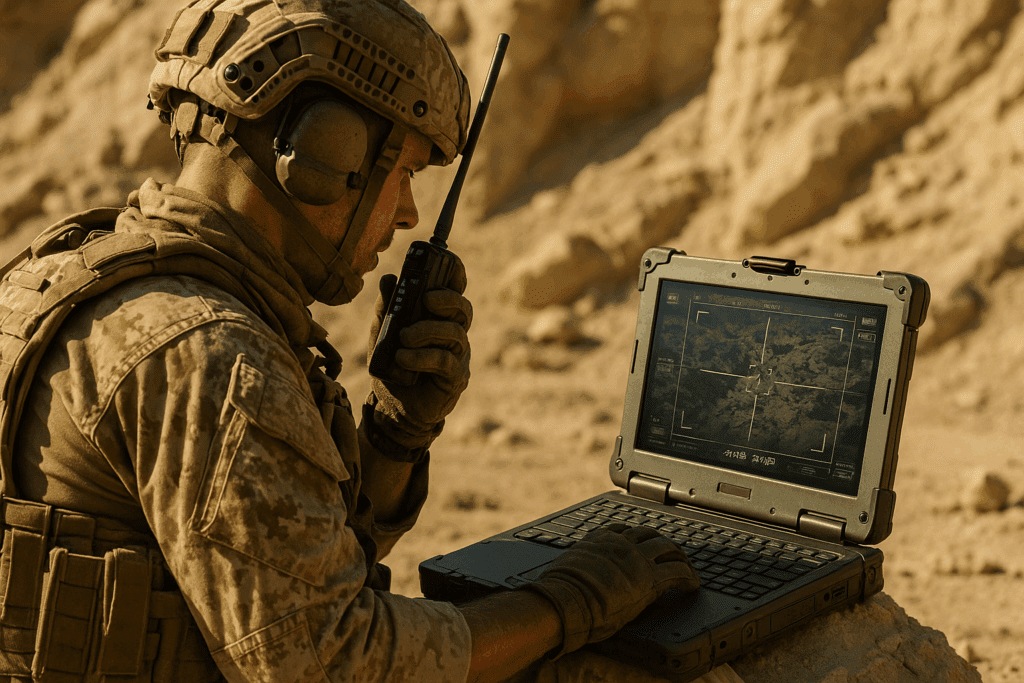 Soldier monitors military drone streaming in a remote desert