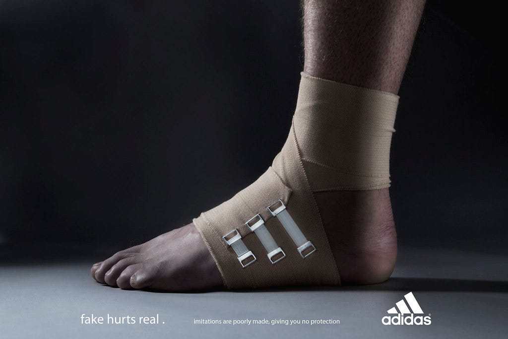 Nadenkend Vorming Sui Fake Hurts Real: How Adidas' Visual Storytelling Sent a Compelling Warning  to Imitators | by Mark | Better Marketing