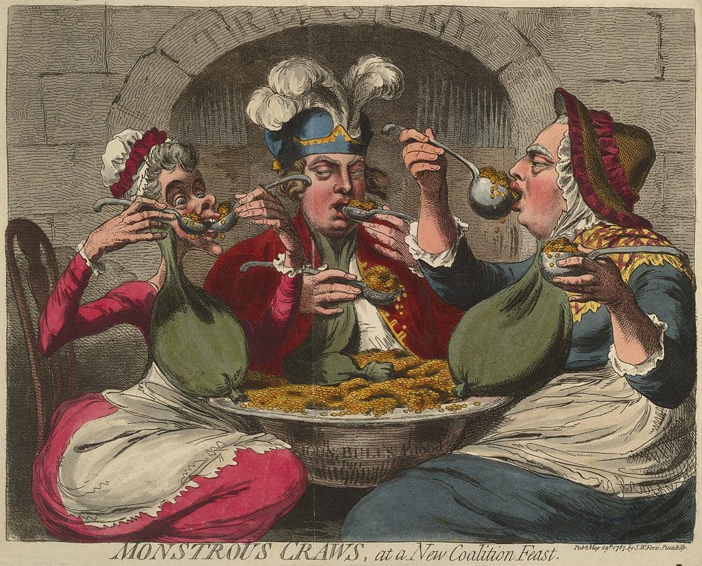 “Monstrous Craws, at a new Coalition Feast,” by James Gillray, 1787. Wikimedia Commons