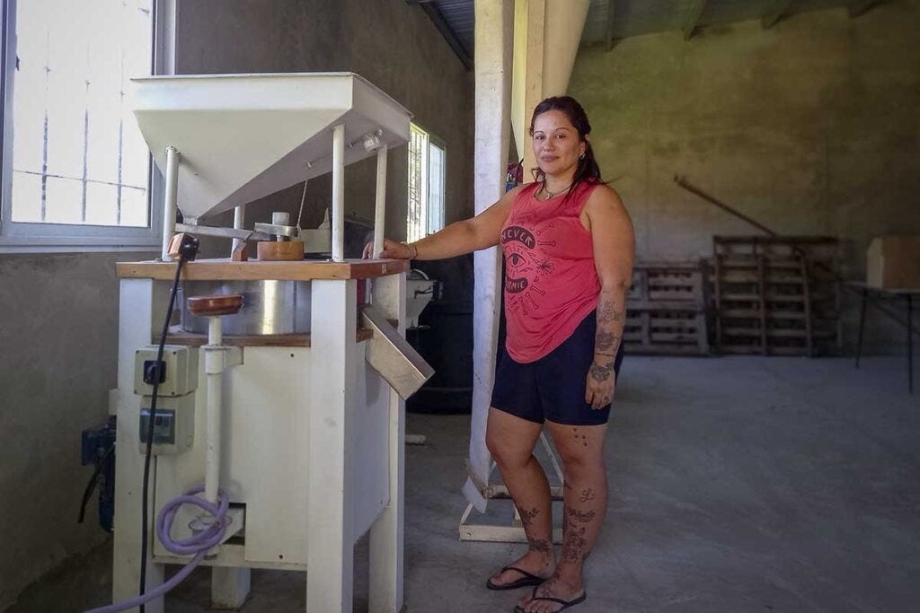 Mariana Benítez produce harina de trigo agroecológica en el nuevo molino instalado en el CISA — Foto: Vecinos Autoconvocados de Hersilia