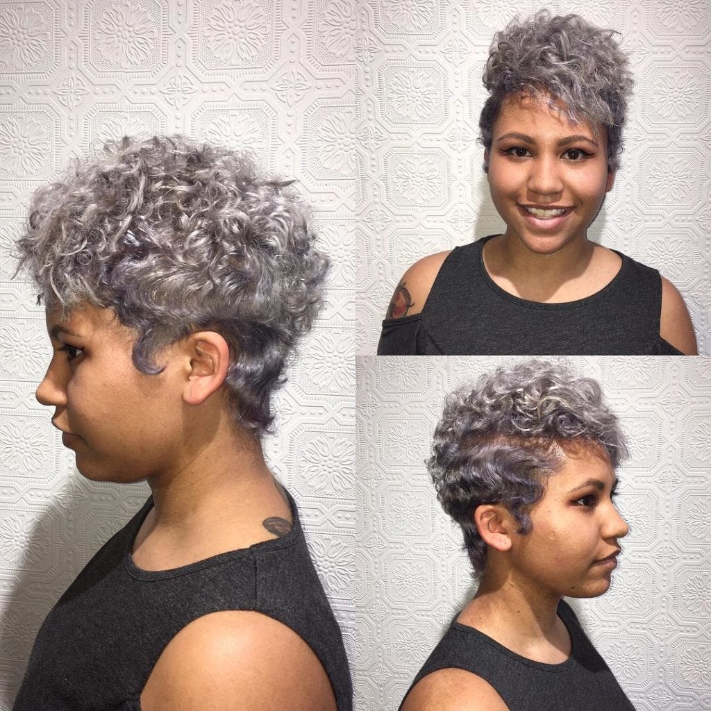 Silver Messy Curly Pixie Cut with Top Volume | by Hairstyleology | Medium