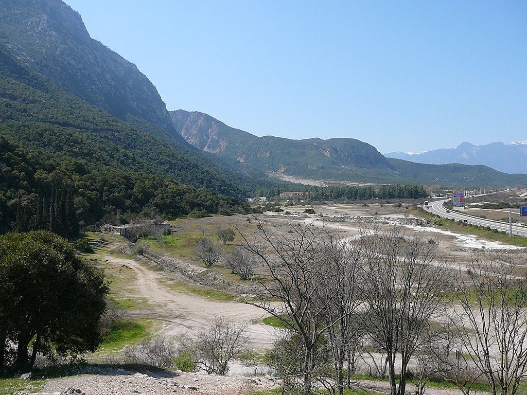 Modern view of the Thermopylae pass at the site of the battle. The shoreline has since moved far away from the mountains.