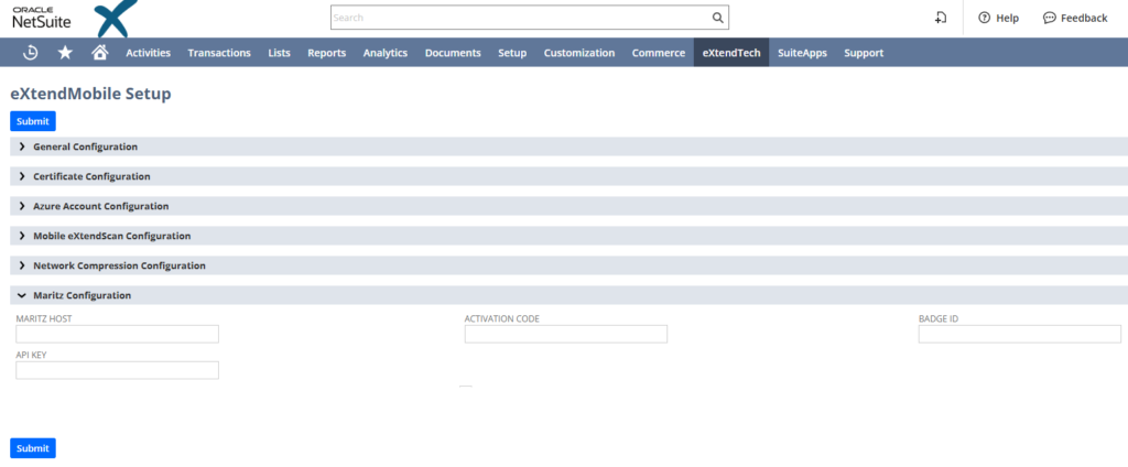 eXtendMobile SuiteApp setup screen with Maritz Host Configuration Details