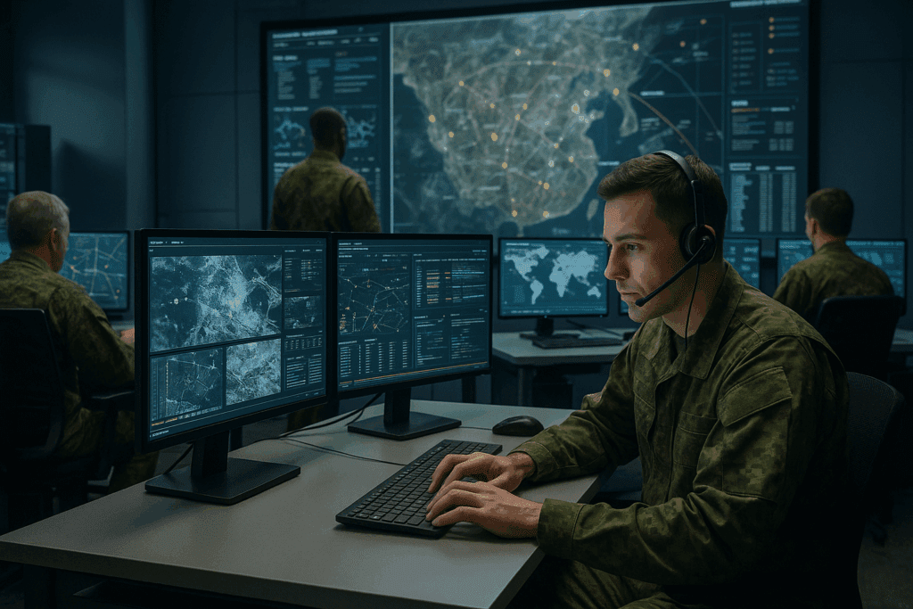 Military command center analyzing real-time surveillance and tactical data in a secure environment
