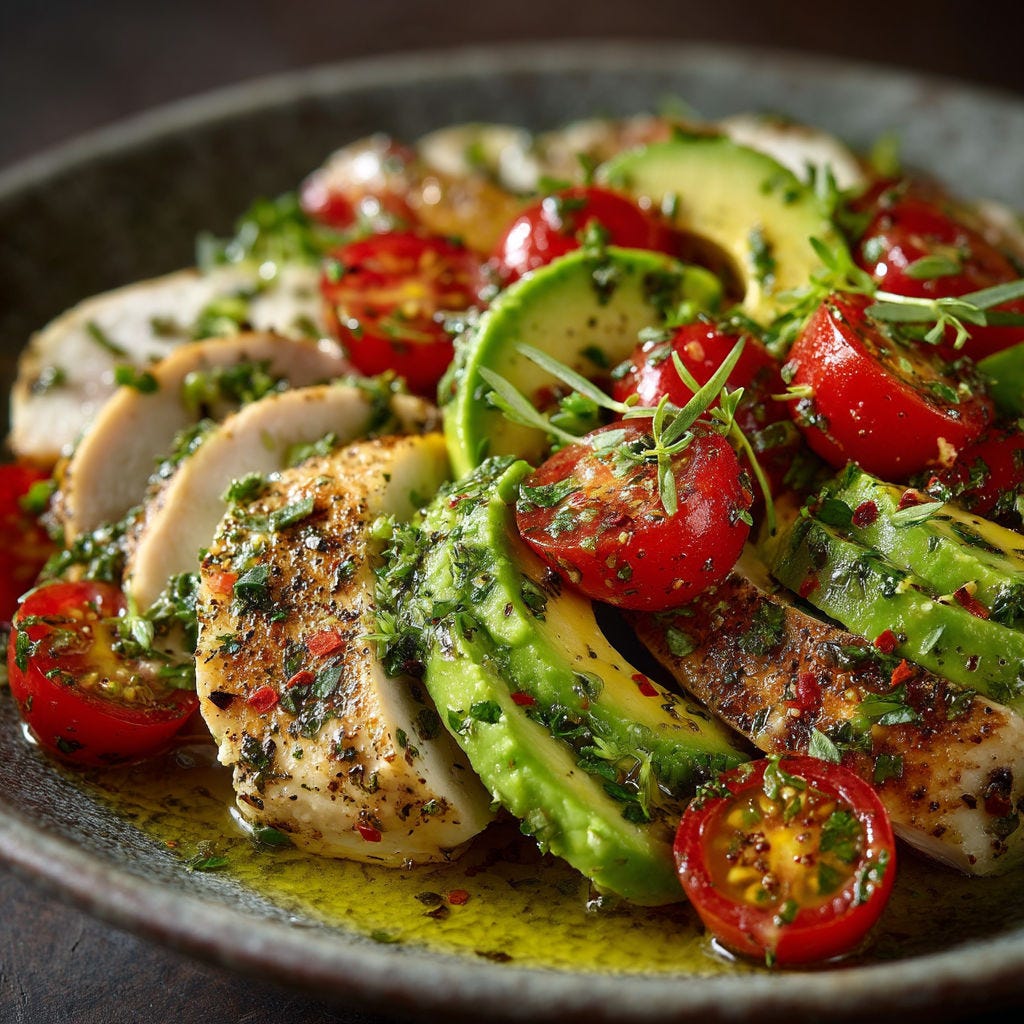 A plate of food with chicken, avocado, and cherry tomatoes. | topassiette.com