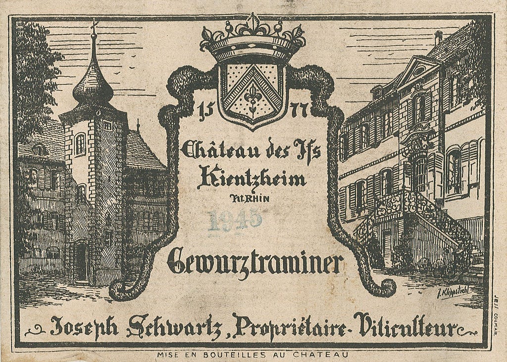 Etiqueta de vino Gewurztraminer: Kientzheim, Joseph Schwartz, J. Klippstiehl Albert Jess Colmar 1945 | Fuente: Étiquettes de vin Kientzheim by mhigelin