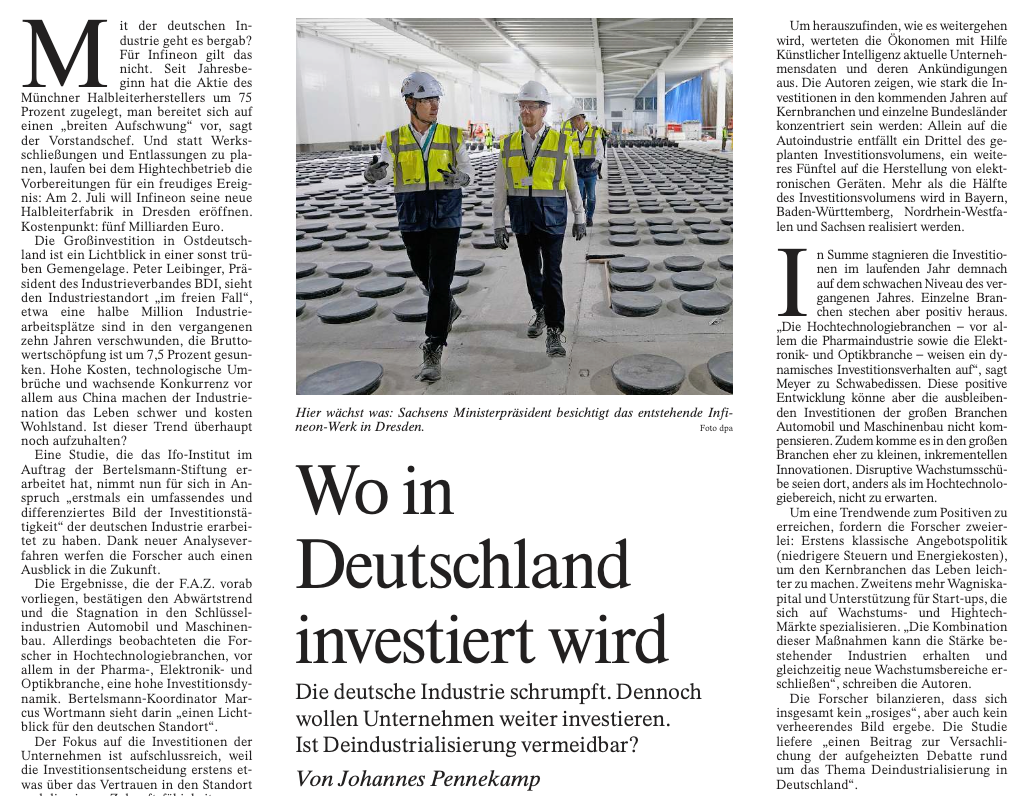 Tracking Manufacturing Investments in Germany for the Bertelsmann Foundation and the ifo Institute.