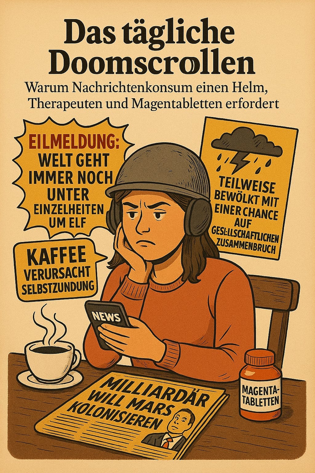 Das tägliche Weltuntergangs-Scrollen: Warum moderne Nachrichtenkonsum einen Helm, einen Therapeuten…