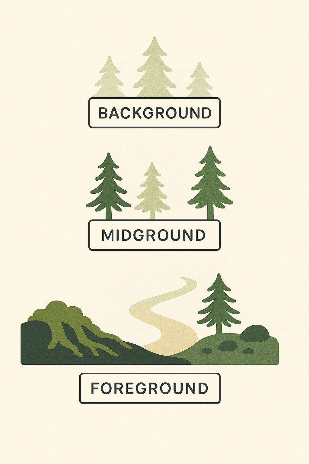 A step-by-step visual diagram of foreground, midground, and background layers. By TandA