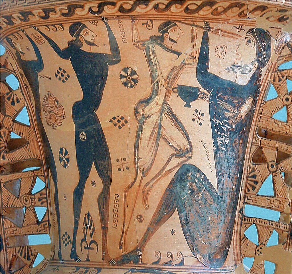 Funerary proto-Attic amphora, ca. 660 BCE. Detail of the neck: Odysseus and his men blinding the cyclops Polyphemus. Museum of Eleusis. Wikimedia Commons
