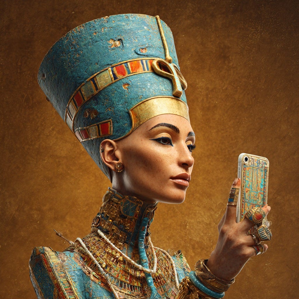 an image of an Egyptian queen taking a selfie — created and owned by John Weber AI Art