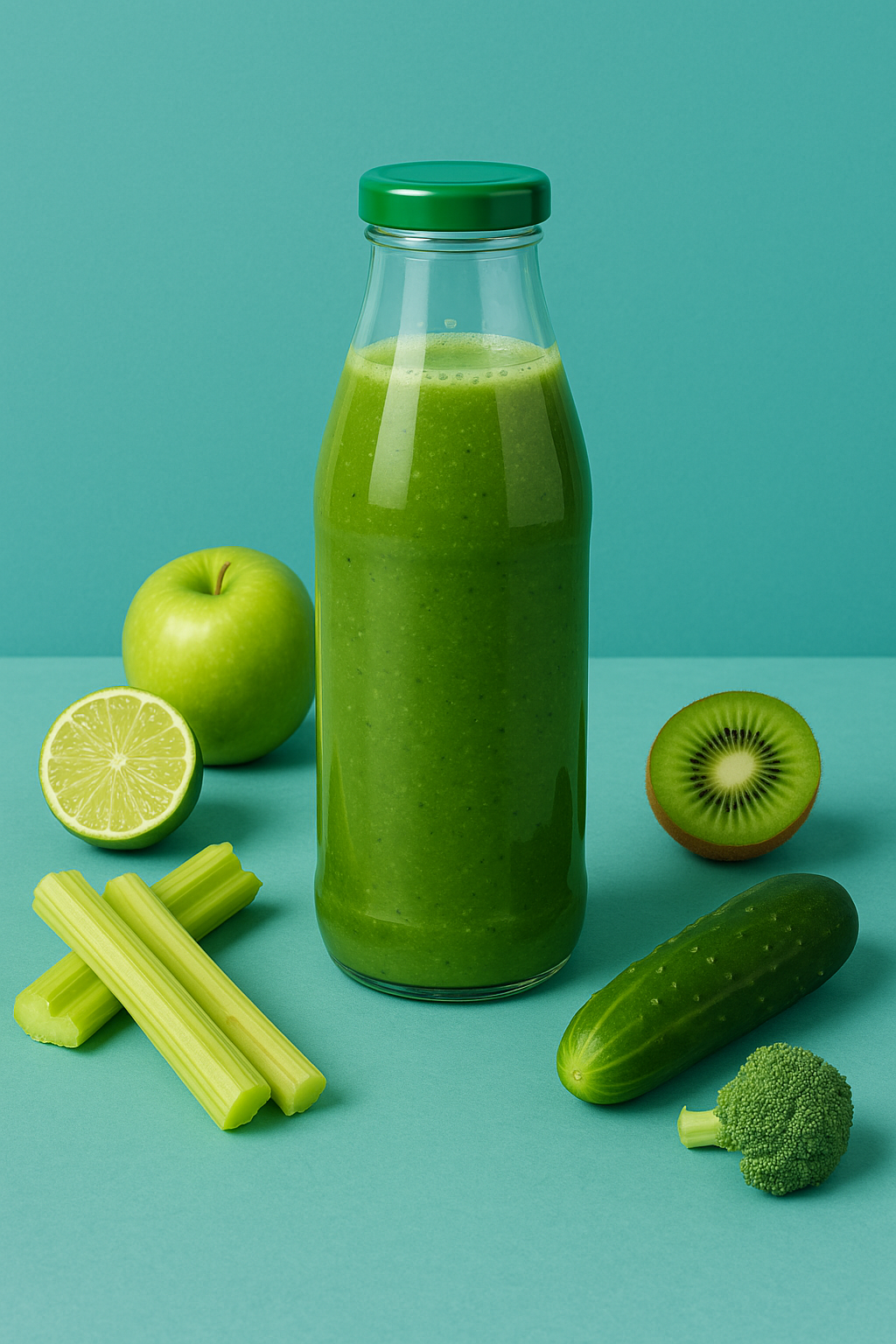 Colorful image of a green detox juice surrounded by fresh produce, illustrating the popular but misleading detox diet myth.