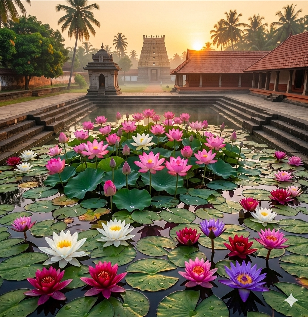 Kerala temple pond. Conceptual image made with Gemini AI by Parvathi J for Medium story