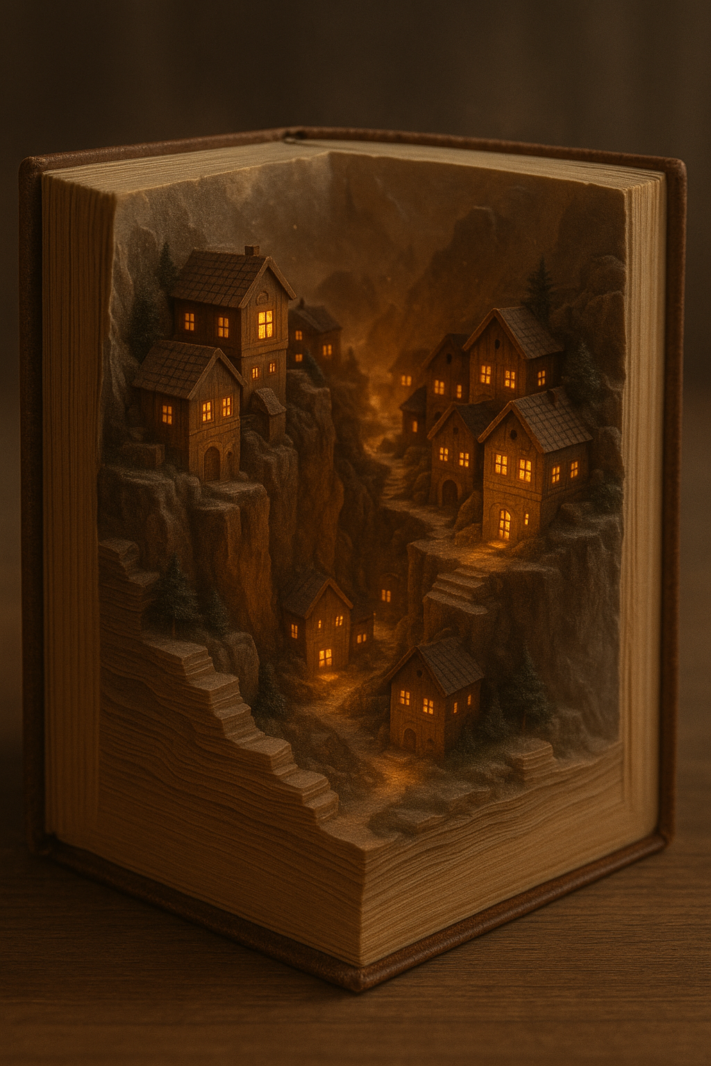A carved-book diorama showing a tiny cliffside village glowing inside layered pages. By TandA