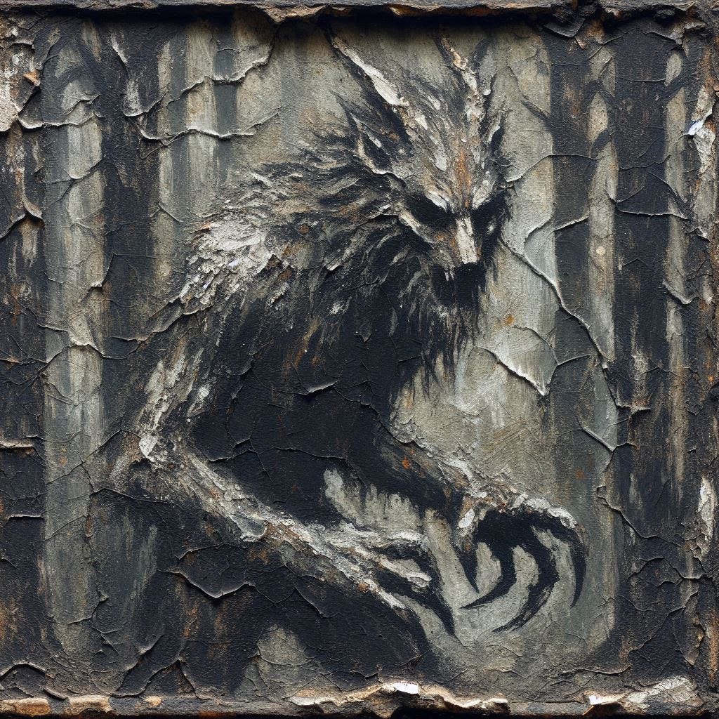 Beasts of Bark & Shadow: When the subject supports the material, charcoal can become more than a surface effect. Winged and predatory forms push the medium toward fractured textures, dense sediment, and splintered contours until the creatures appear constructed from charcoal itself. AI art.