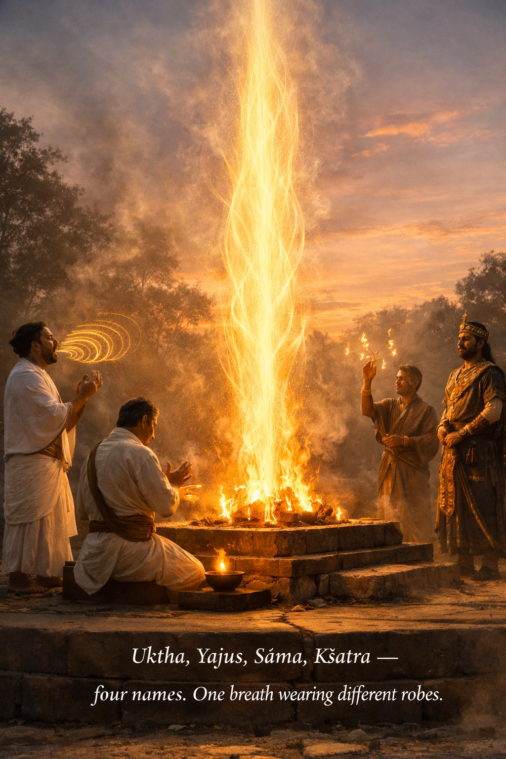 Brihadaranyaka Upanishad 5.13 — Uktha raises all — it is prana. Yajus yokes all — it is prana. Sama aligns all — it is prana. Ksatra protects all — it is prana. The many sacred forms of power are one breath in different clothing.