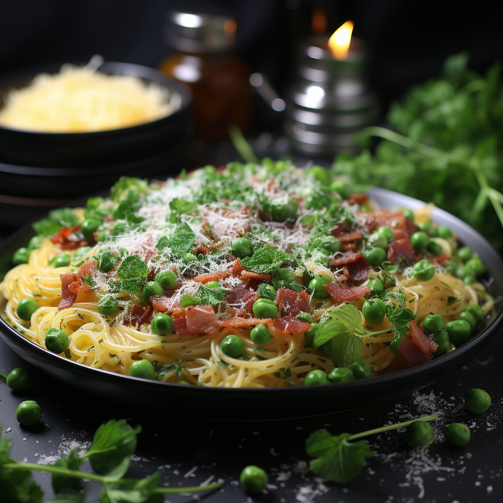 Pea and Pancetta Carbonara. Creamy, Tasty, Low Fat, Easy To Make by