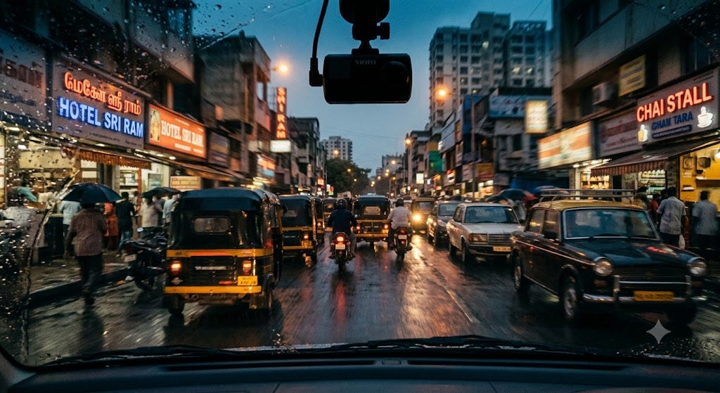 Vehicle-mounted camera capturing road condition data on a rain-slicked street at dusk