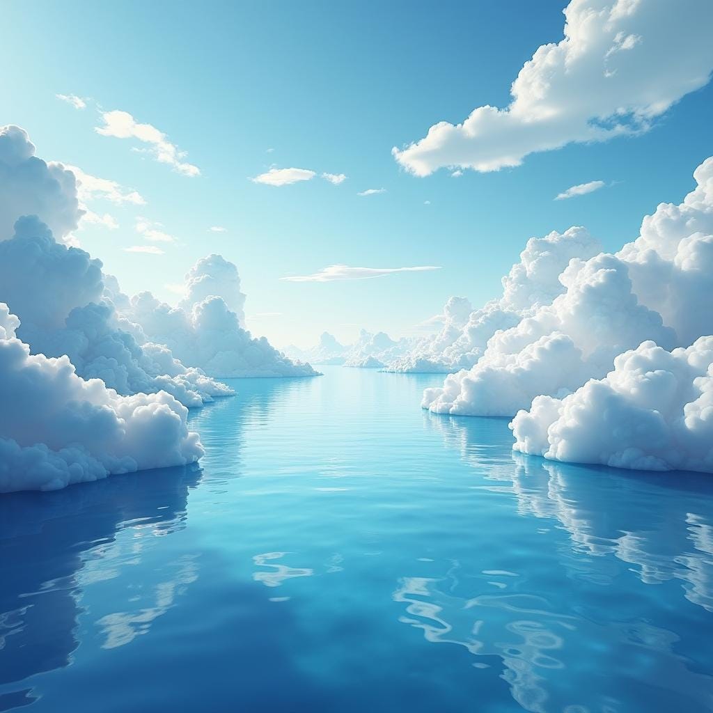 Prompt : “A surreal landscape where the sky is made of water, and the ground is made of clouds.”