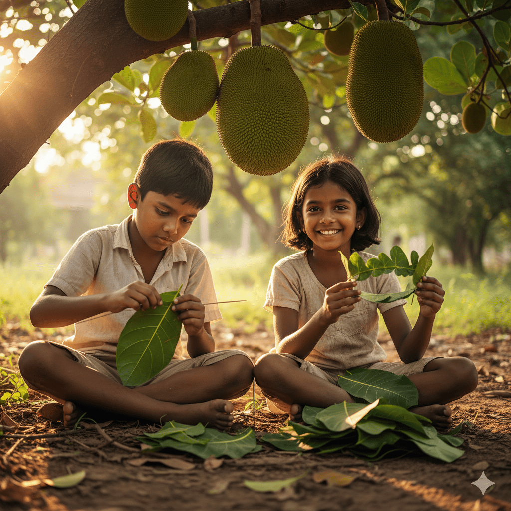 Google Gemini’s text to image (Given prompt was a teenage girl and boy crafting and wearing jackfruit leaf crowns)