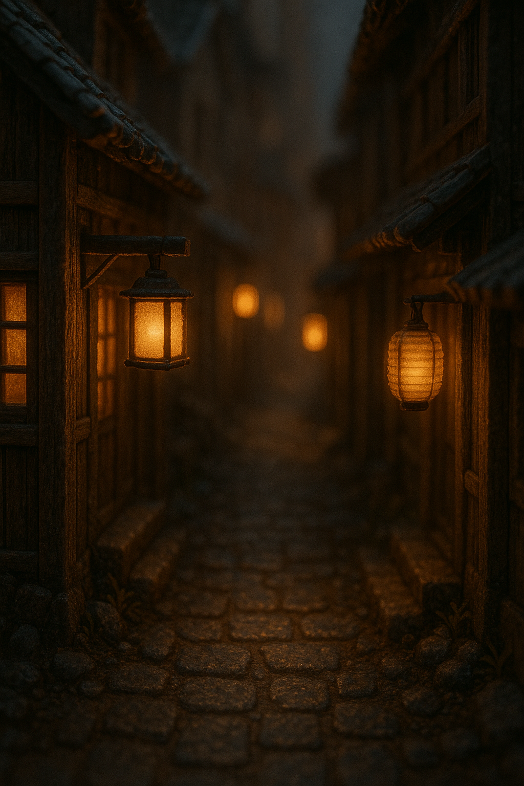 A glowing miniature street scene: tiny lanterns, narrow alley, soft depth haze. By TandA
